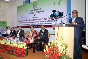Dy CM Dr Nirmal Singh delivering valedictory speech on conclusion of two-day Business Research Conference by Kathua campus on Thursday. 