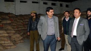Minister for Consumer Affairs and Public Distribution Zulfkar Ali inspecting CAPD godown in Jammu on Saturday.