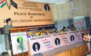 Dignitary expressing his views during All Religious Peace Symposium at Jammu on Sunday.