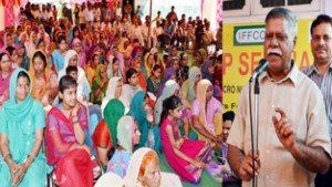 Minister for PHE, Sukhnandan addressing farmers during a seminar at Jammu on Tuesday.