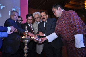Union DoNER Minister Dr Jitendra Singh, along with Bangladesh Industry Minister Alhaz Amir Hossain Amu, Bhutan Health Minister Tandin Wangchuk and other dignitaries, lighting the traditional lamp to declare open the Northeast Business Summit organized by Union DoNER Ministry in collaboration with Indian Chamber of Commerce (ICC) at New Delhi on Saturday.
