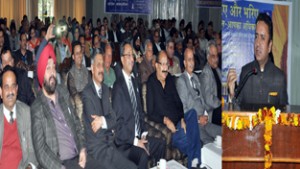 CAPD Minister Zulfkar Ali addressing a function organised by Legal Metrology Department at Jammu on Sunday.