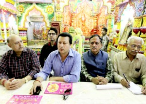 Members of Prabandhak Committee of Hanuman Temple, Moti Bazar, Jammu addressing a press conference in temple premises on Saturday.        -Excelsior/Rakesh
