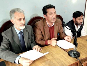 PSUF & EJAC leaders addressing a joint press conference at Jammu on Friday. -Excelsior/Rakesh