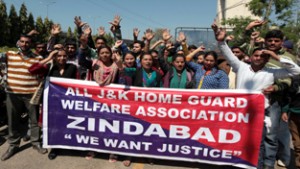 Home guards raising slogans during protest at Jammu on Wednesday. -Excelsior/Rakesh