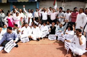 JKNPP leaders and workers during a sit-in-protest in front of Press Club, Jammu on Saturday.        -Excelsior/Rakesh