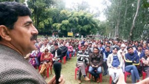 MP Jugal Kishore Sharma addressing a public meeting at Akhnoor on Saturday.