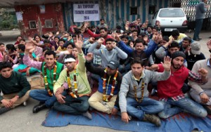 Contractual teachers sitting on hunger strike outside Press Club, Jammu.  -Excelsior/Rakesh