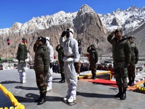 Officers and jawans paying tributes to heroes of ‘Operation Meghdoot’ in Ladakh on Monday.