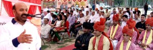 Minister for Social Welfare Bali Bhagat addressing a gathering during annual Baisakhi Mela at Nagbani.