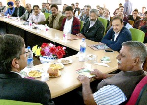 Minister for PHE, Sukhnandan Choudhary chairing officers meeting at Srinagar on Wednesday.