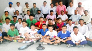 Winners of Badminton Championship posing along with dignitaries at Govt Boys Hr. Sec. School in Samba. 