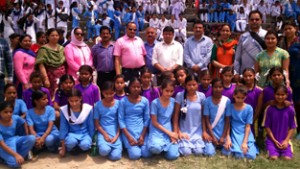 Students posing along with the chief guest Rishi Kumar, Deputy Director YSS and other dignitaries in Jammu on Monday. 