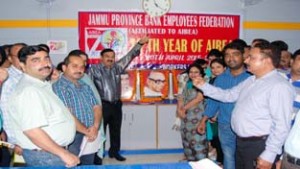 Bank employees celebrating 70th Foundation Day of AIBEA in Jammu on Monday.