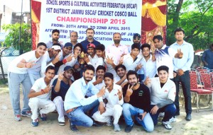 Winners posing for a group photograph along with chief guest, Ranjeet Kalra, Member BCCI at Green Field Ground in Jammu.