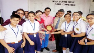 Winners of Inter-School Group Song Competition being felicitated at GD Goenka Public School in Jammu on Tuesday .