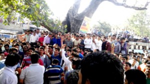 People protesting at Basohli on Thursday.