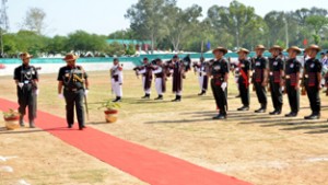 Lt Gen Thodge, Colonel of the Regiment inspecting Guard of Honour during Bi-centenary function of Ist GR at Pathankot on Friday.