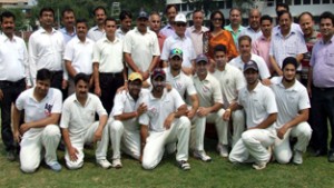 Chief guest, PCDA, Northern Command, N Neihsial with winners AG XI at GGM Science Hostel Ground, Jammu on Wednesday. 