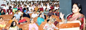 Minister of State for Education, Priya Sethi addressing  audience at GCW Parade in Jammu on Thursday.