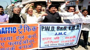 Activists of Jammu West Assembly Movement protesting in support of their demands on Friday.