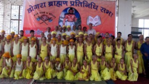 Young boys who were adorned sacred thread after their Yagnopaveet by Dogra Brahman Pratinidhi Sabha, Jammu on Tuesday.    —Excelsior/Rakesh