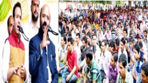 Minister for Social Welfare, Bali Bhagat and Minister of State for PWD Sunil Sharma addressing public gathering in Kishtwar on Wednesday.