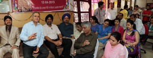 DGM, PNB, Circle office, Jammu, BM Fazili alongwith other senior bank officers speaking during a customers meet at Jammu. -Excelsior/Rakesh