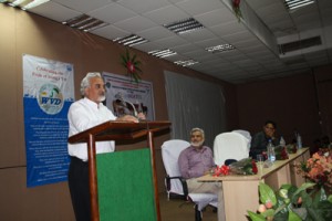 A dignitary speaking on the occasion of World Veterinary Day at SKUAST Jammu.