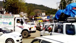 Traffic jam on National Highway near Udhampur on Tuesday.