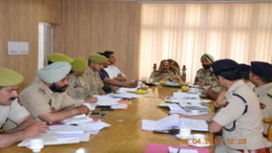 Excelsior Correspondent POONCH, Apr 10: In the back drop of the recent militants attacks in Kathua and Samba districts, Deputy Inspector General of Police, Rajouri-Poonch Range AK Atri reviewed the security arrangements during a meeting at district police headquarters here today. The meeting was attended by SSP Poonch Jatinder Singh Johar and all the supervisory officers/SHOs and other sister agencies working in the district Poonch. At the outset, SSP Poonch Jatinder Singh Johar gave a detailed account of the security scenario of the district and the security grid chalked out by the district police to handle any eventuality. DIG Rajouri-Poonch Range emphasized upon the officers to make a comprehensive plan in coordination with all sister agencies and adopt meaningful measures to overcome the menace of terrorism. He exhorted the district police and intelligence agencies to synergise their efforts and resources for meaningful actions on ground. He also stressed upon the officers to lay dynamic check points on Highway on Mughal Road which will open shortly for meaningful checking in order to avoid smuggling of narcotic, contrabands and bovines on this route. Amit Gupta, Addl SP Poonch, Deepak Digra, DySP Headquarters, Mohammad Rafi Giri, DySP DAR, Ajay Sharma, DySP Surankote, Surinder Choudhary, DySP SDPO Mendhar, Sheezan Bhat, DySP (Ops),  SHO police station Poonch Jatinder Raina, SHO police station Surankote Masoof Mirza, SHO police station Mendhar Anzir Mir, SHO police station Gursai Prithpal Singh, SHO police station Mandi Rouf Ahmed, SHO police station Loran Siraj Din besides officers of CID CI/SB and representative of intelligence agencies also attended the meeting. 