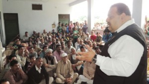 Provincial President NC, Devender Singh Rana addressing public meeting in Nagrota Assembly segment on Thursday.