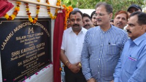 Speaker Legislative Assembly, Kavinder Gupta laying foundation stone of Sulabh Complex at Gandhi Nagar on Thursday.