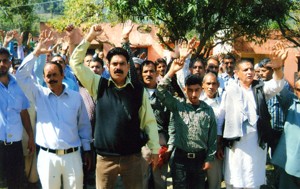 PHE employees during a protest at Krimachi (Udhampur) on Saturday.