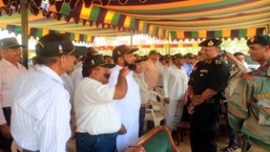 Station Commander, Ratnuchak Military Station, Brigadier Vikram Kumar, interacting with veterans during a rally.