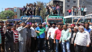 Transporters raising slogans during protest at Jammu on Thursday.— Excelsior/Rakesh