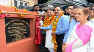 MLA Jammu West, Sat Sharma, laying the foundation stone of Municipal Toilet Complex at Devi Chand Municipal Park in Rehari Colony at Jammu West.