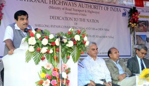 Union Minister for Road Transport & Highways and Shipping, Nitin Gadkari addressing at the dedication ceremony of the Shillong Bypass connecting NH-40 and NH-44 (New NH-6) to the Nation, near Shillong, in Meghalaya on Friday.