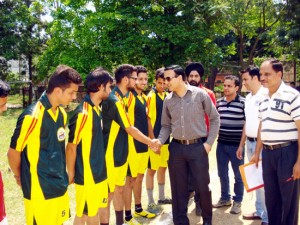 Principal Govt Polytechnic Jammu, Arun Bangotra interacting with players during inaugural ceremony of Fazil Abbas Rolling Trophy Volleyball tournament on Saturday.