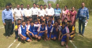 Winners posing along with dignitaries and officials at Reasi on Saturday.