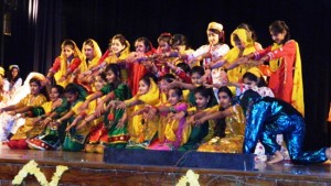 Students presenting colourful cultural item during annual day function at KV-1 Gandhi Nagar in Jammu on Saturday.