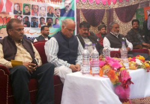 BJP leaders during a party function at Anantnag on Friday.