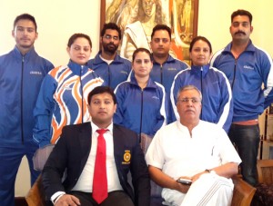 Selected power-lifters of J&K posing alongwith Farooq Khan and Rajan Jain in Jammu on Tuesday.