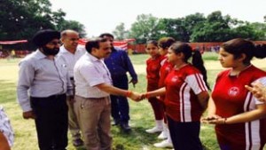 Ajeet Kumar Sharma, Principal Govt Higher Secondary School Domana interacting with players while inaugurating Inter-Zonal Tournament in Jammu.  