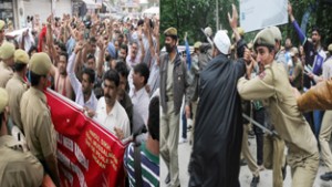 Protesters raising slogans during demonstration at Jammu (left) and police dispersing protesters at Srinagar (right). -Excelsior/ Rakesh, Amin War