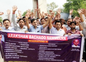 Protestors raising slogans during demonstration at Jammu on Sunday. -Excelsior/Rakesh