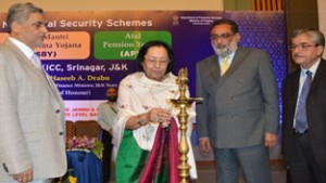 Union Minister for Minority Affairs, Najma Heptullah inaugurating three Social Security Schemes at Srinagar on Saturday.