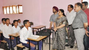 Speaker Legislative Assembly Kavinder Gupta and Minister of State for Education, Priya Sethi during their visit to Jammu City schools on Wednesday.