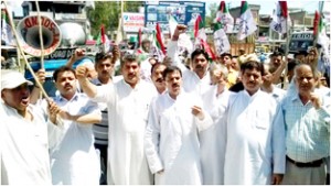 JKNPP leaders and activists during a protest rally at Vijaypur on Saturday.