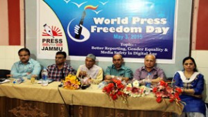 Speakers on dais during a seminar on World Press Freedom Day on Sunday.                      -Excelsior/ Rakesh